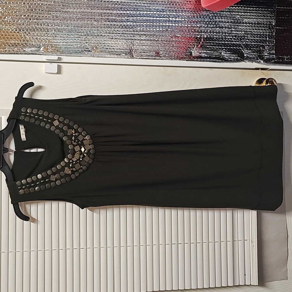 Sandra Darren Dark Green Dress with Metallic Accents